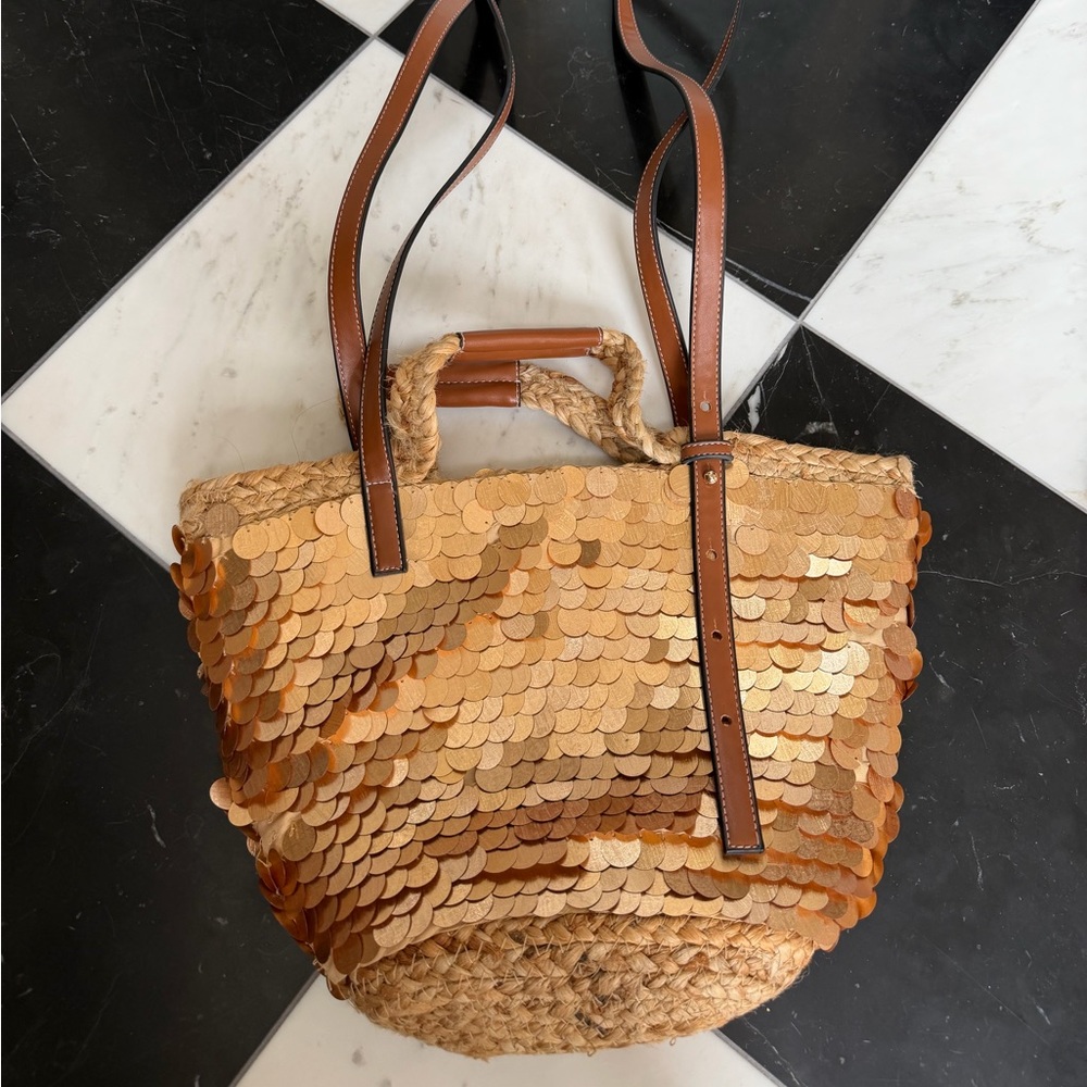 Zara Gold Sequin Straw Tote with Brown Leather Straps
